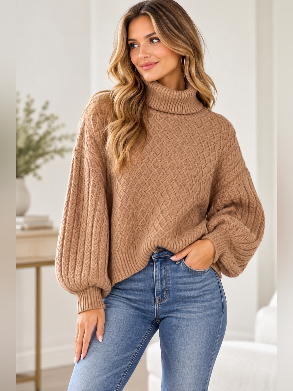 T Tahari Cable Knit Turtleneck Sweater Camel Balloon Sleeve Medium